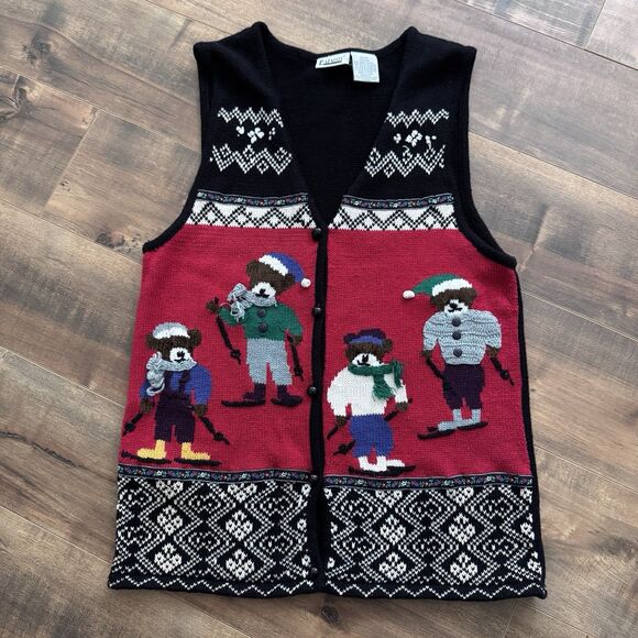 Vintage Capacity Ugly Christmas Sweater Vest Skiing Bears Medium 1990s 90s - Picture 1 of 8